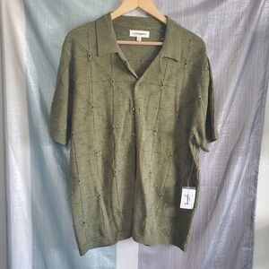 Lucky Brand Mens Olive Green Diamond Pointelle Knit Short Sleeve NWT Button